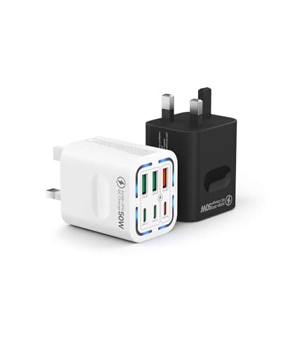 2 Pack USB C Plug UK 50W, Tupneuf 6 Port USB Charger with 30W PD/PPS & 20W QC, Multiport Fast Charger for iPhone 17 16 15 Pro Max, iPad Pro Air, Samsung Galaxy S25 S24 S23, Black White
