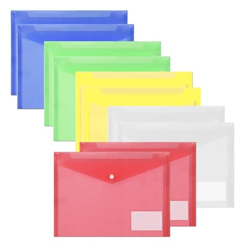 FITULABO A4 Plastic Wallets, 10 Pack Popper Wallet Folders with Button & Label Pocket, 5 Assorted Colours PVC Document Folders for School, Office & Home Organisation
