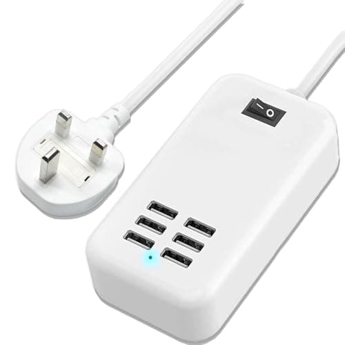 Powered USB Hub, Multi USB Charging Station 6 USB Ports Hub Strip Adapter 1.8M Long Power Cable Power Supply for PC Laptop Ultrabooks Desktops, with On/Off Switch Universal AC to DC Hubs, White