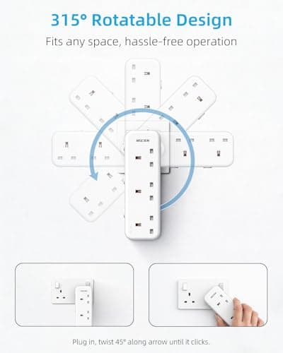 Mscien Multi Plug Extension Socket, UK Wall Socket Plug Extender with 315 Degree Rotating Design for Home, Office, Dorm (3 Way UK Sockets) — view 2