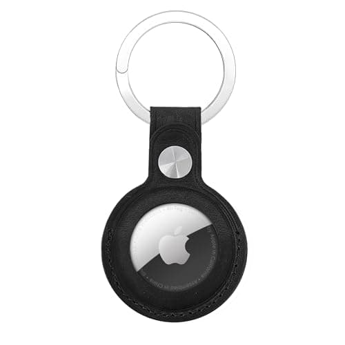 Genuine Leather AirTag Keyring Holder for Apple AirTags. Anti-Lost, Scratch-Resistant Secure Key Ring Case for Key, Dog/Cat Collar, Luggage, Bag. Protective Air Tag Keychain Cover Accessory (Black)