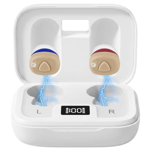 Aolso Mini Digital Sound Aid Voice Enhancer, Rechargeable Sound Headphones for Seniors, Invisible Design, Noise Cancelling, in-Ear Audio Headphones Device with Charging Case-Red&Blue-Square Case