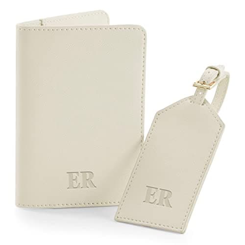 Prisée Personalised Initial Passport Holder and Luggage Tag Set - Suitcase Label for Travel Baggage Travel Gift Set for Him Her Matching Couples, Oyster