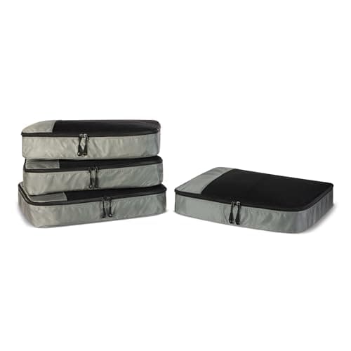 Amazon Essentials 4-Piece Packing Cubes Travel Accessories Set, Luggage Organiser with Double Zip, Mesh Top, 100% Polyester, Large, Grey (Previously Amazon Basics)
