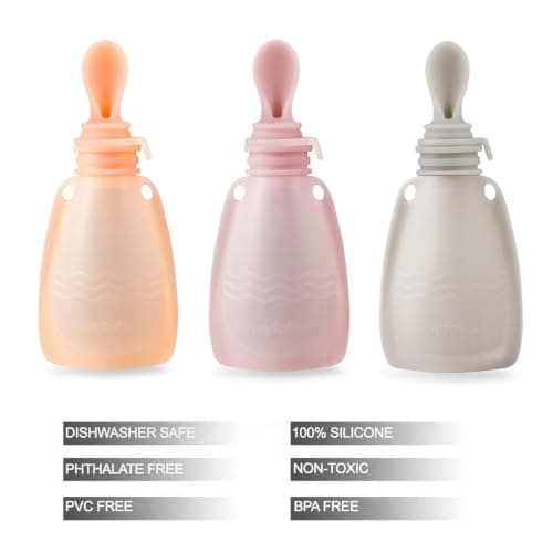 PandaEar 3 Pack Reusable Baby Food Pouches with Spoon Attachments & Filling Funnel – Silicone Squeeze Feeder for Weaning – Refillable Yoghurt & Puree Storage 150ml/5.5oz (Pink/Linen) — view 4