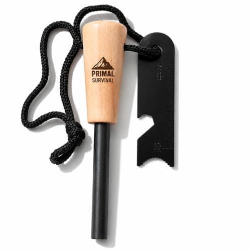 PRIMAL SURVIVAL Fire Starter Kit | 10mm Ferro Rod & Fire Steel with Striker | Flint and Steel Fire Starter for Bushcraft, Camping, Hiking & Outdoor Use | Wooden Handle