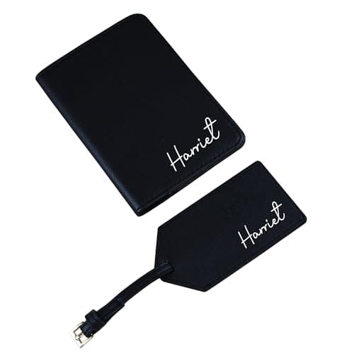 eBuyGB Personalised Named Passport Holder & Luggage Tag Travel Set, Travel Gift, PU Leather Suitcase Tag & Passport Covers (Black)