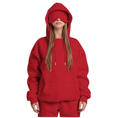 Ewleguzka Travel Hoodie with Eye Mask Built In,Comfrt Airplane Wearable Blanket Hoodie for Adults Men Women 4 Pockets Red — view 4