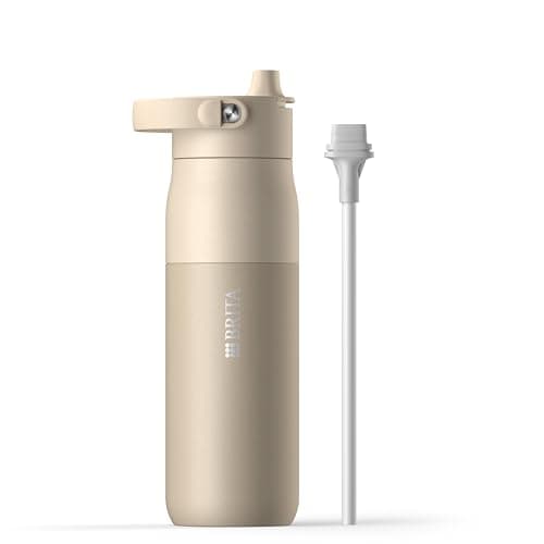 BRITA LARQ Essential Drinking Bottle with Straw Beige (680ml) Stainless Steel Water Bottle, Double-Walled Insulation (24h Cold), with Detachable Soft-Touch Handle, Dishwasher Safe