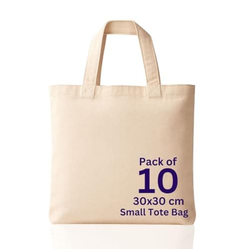 MINIMARG 100% Cotton Canvas Bags, Plain Tote Bags to Decorate, eco-friendly Canvas Reusable blank Tote Bags made with Premium Quality Fabric - Size 30x30cm+30cm Handle (Natural, Pack of 10)