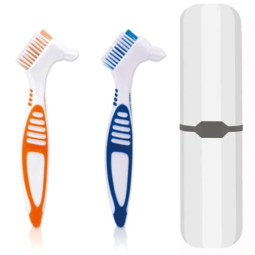Denture Brush, 2 Pcs False Teeth Toothbrush with White Carrying Case, Multi-Tiered Bristles with Comfort Grip Handle for Effective Denture Cleaning