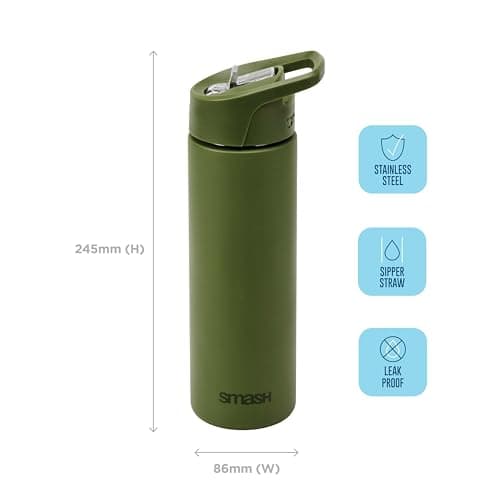 Smash Stainless Steel Water Bottle with Flip Top Lid and Straw - Olive 750ml — view 2