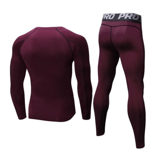 LANBAOSI Men's Gym Running Base Layer Top and Leggings Set Long Sleeve Compression Shirt Tights Thermal Underwear Suit, Wine Red, XL — view 3