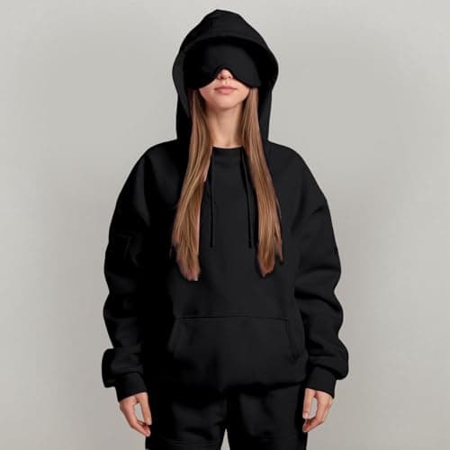 Ewleguzka Travel Hoodie with Eye Mask Built In,Comfrt Airplane Wearable Blanket Hoodie for Adults Men Women 4 Pockets Black — view 2