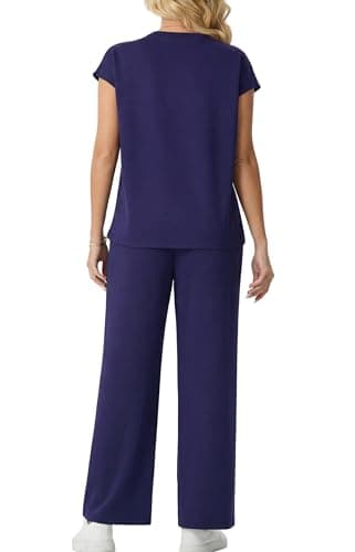 GRECERELLE Two Piece Outfits Women Summer Travel Vacation Tracksuit Womens Full Set Short Sleeve Casual Crew Neck Cap Sleeve Front Plisse Matching Sets Wide Leg Pants (Navy Blue, L) — view 5