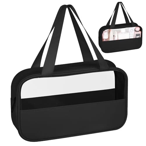 MOXYOY Clear Travel Toiletry Bag,Portable Makeup Bag Cosmetic Wash Bags,with Zippers Travel Essentials,PVC+PU Hanging Transparent Waterproof Bag,Vacation Bathroom Organizer,for Women and Men (Black)