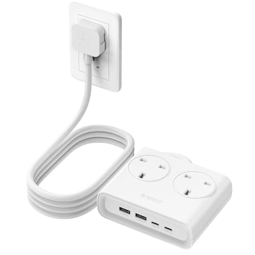 ORICO Flat Extension Lead with USB Slots, 2 Way Socket Outlets with 4 USB Ports(2 USB C & 2 USB A), 1.6m Extension Cord, Desk Power Strip for Travel, Office, Home (White)