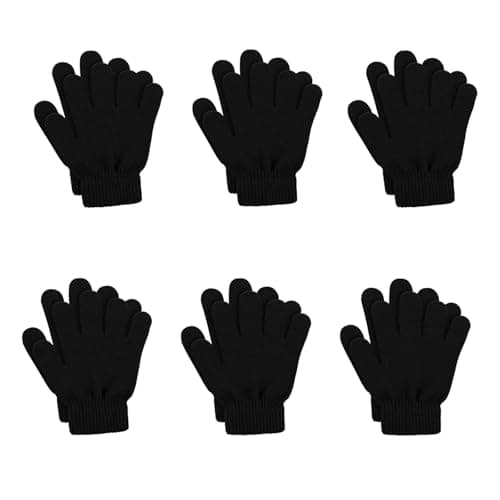 WickedFun Kids 6/12 Pairs Winter Magic Gloves, Boys & Girls Soft Warm Cozy Stretch Full Finger Knit Gloves For Cold Weather School Use, Outdoor Play, Cycling & Travel – Age 4–10, (Pack Of 6 - Black)