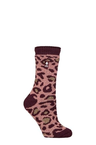 HEAT HOLDERS SOCKSHOP Women's Socks - 2.3 TOG Thermal, Warm, Cosy, Patterned, Pack of 1 Size 4-8 Animal Print Cabernet/Muted Coral 4-8