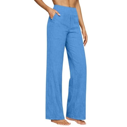 Ladies Trousers Linen Trousers Womens Ladies Summer Trouser UK Petite Casual Cotton Fashion Breathable Holiday Travel Beach Elasticated High Waist Wide Leg Lightweight Lounge Palazzo Pants Light Blue