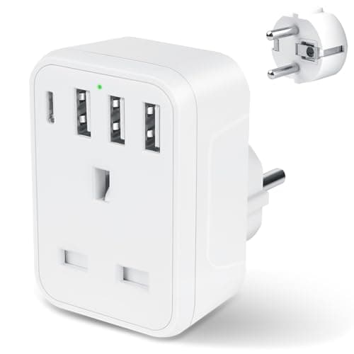 Herfair UK to European Travel Plug Adaptor,UK to EU Adapter with 3 USB A and 1 USB C Ports,5 in 1 EU Grounded Europe Power Euro Plug for Spain France Iceland Germany Greece Poland(Type E/F) White
