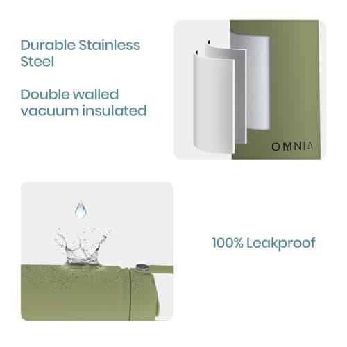 OMNIA NUTRIENTS Vacuum Insulated Stainless Steel Water Bottle, 2 Lids (Straw & Spout) Leakproof, BPA-Free, Reusable Flask Ideal for Travel and Outdoors (Olive Green - 540 ml) — view 3