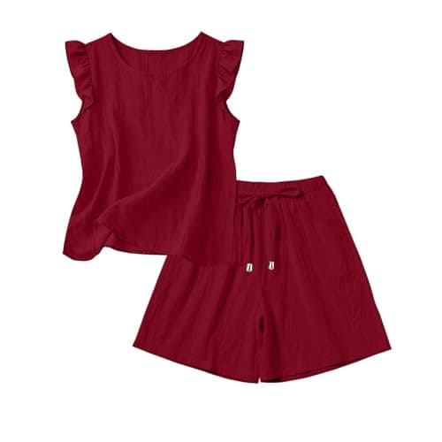 Burgundy Lounge Sets for Women UK Soft Cotton Linen Sleeveless Tank Top & Drawstring Shorts Co Ord Casual Holiday Travel Outfits Loose Fit Tracksuit Fashion 2026 for Running Walking Yoga Size 12 — view 5