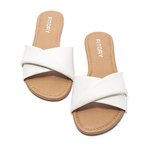 FITORY Women's Sandals Flat Slip On Leather Summer Slide Pure White Size 6 — view 2