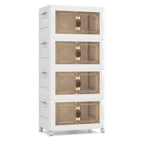 Multigot Folding Shoe Storage Box, 3/4/5 Tier Stackable Shoe Organizer Containers with Lid & Doors and Lockable Wheels, Collapsible Plastic Storage Bins Cabinet (59 x 37 x 137cm, 4-Tier)