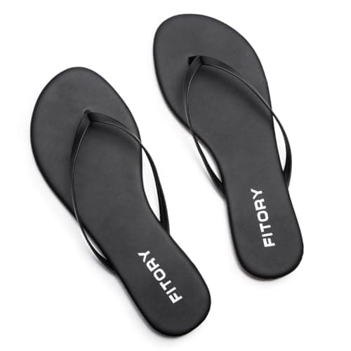 FITORY Women's Leather Flip Flops, Beach Thong Sandals Matte Black Size 7 — view 3