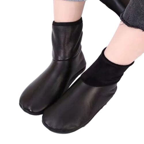 XAGMODSHN Women Men Winter Warm PU Faux Leather Slipper Socks Fleece Lined Thermal Indoor Outdoor Home Slip Middle Tube Socks — view 2