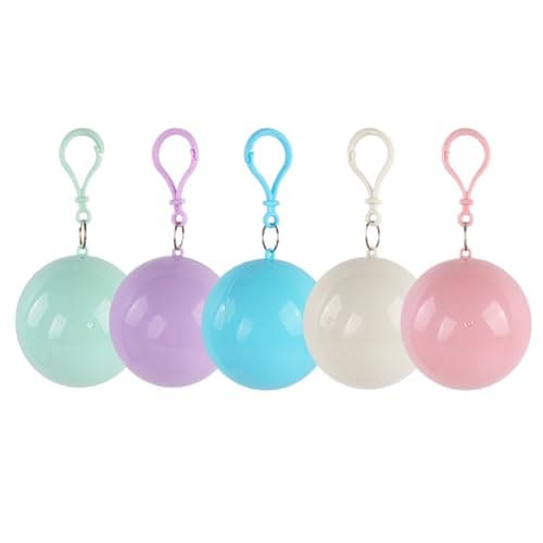SANSAAM 5 Pack Portable Disposable Emergency Rain Ponchos in a Ball Waterproof Raincoats for Traveling, Camping, Outdoor Sports, Green, Blue, Pink, Purple, Beige, 6 Years