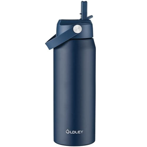 OLDLEY 750ml Insulated Water Bottle with Straw, Stainless Steel Water Bottles with Handle, Leakproof BPA Free Vacuum Metal Flask Keep Hot and Cold for Sports, Travel, Hiking (Navy Blue)