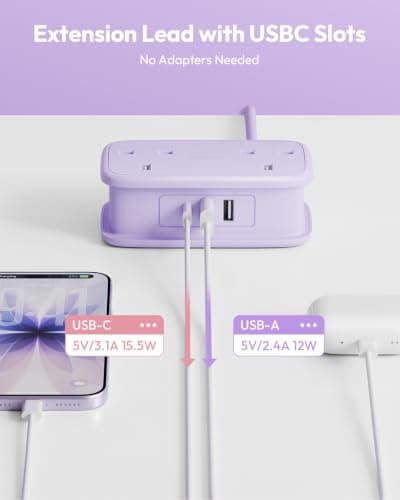 NTONPOWER Travel Extension lead with USB Slots,Rollable 1.2M Extension Cord with 2 Way Outlets 3 USB（1 Type C), Purple Extension Lead for Cruise Travel Essentials Hotel Home Office — view 4