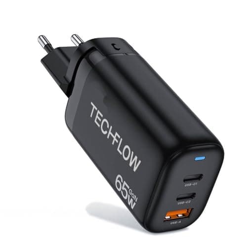 TechFlow 65W Fast Charger - 2 USB-C & 1 USB-A Ports, Universal Travel Charger with UK/US/EU Adapters, Compatible with iPhone, Samsung, Huawei, MacBook, Dell XPS, HP Laptops etc, GaN Wall Quick Charge