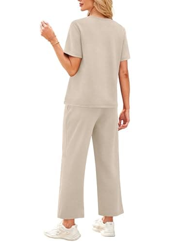 WIHOLL 2 Piece outfits Women fashion lounge wear sets for women uk Casual Summer Travel Vacation Outfits Short Sleeve Wide Pants Beige L — view 5