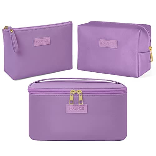 MAANGE 3 Pcs Makeup Bag(L+M+S) Travel Cosmetic Bags with Brush Compartment PU Leather Small Makeup Bag Portable Make Up Bag Versatile Zipper Makeup Pouch for Women, Purple