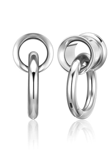 Zysta Ear Tunnels with Ring 00g PlugsSilver Stainless Steel Ear Spreader Double Flared 10mm Ear Gauges Earring Lobe Body Piercing Jewelry 8mm-14mm (8mm)