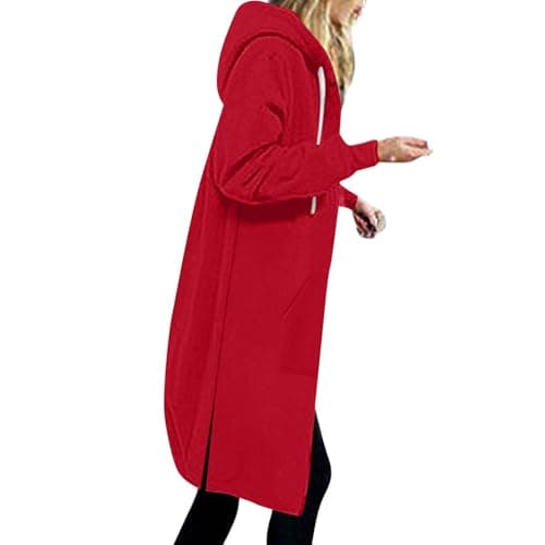 Long Hoodies for Women UK Oversized Full Zip Jacket Side Slit Baggy Hooded Sweatshirt Casual Long Sleeve Warm Fleece Hoodie Longline Coats Solid Color Loose Cardigan Ladies Pullover Jumper with Pocket — view 3