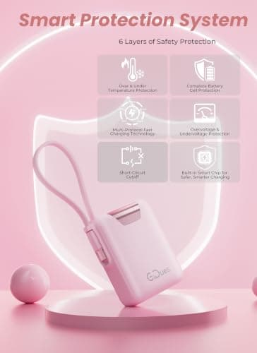 Gidues M1 Mini Portable Charger, 10000mAh Ultra-Compact Power Bank, 22.5W PD Fast Charging, Tpye-C Built-in Cable, Small External Battery Pack for iPhone, Samsung, Android iPad (Pink) — view 4