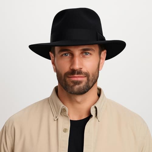 Novella Noori Indiana Jones Style Fedora Hat - Pure Wool Felt Wide Brim Fedora Hat for Men and Women - Crushable, Water-Resistant Vintage Wool Flet Fedoras - (Black, UK, Alpha, L) — view 2