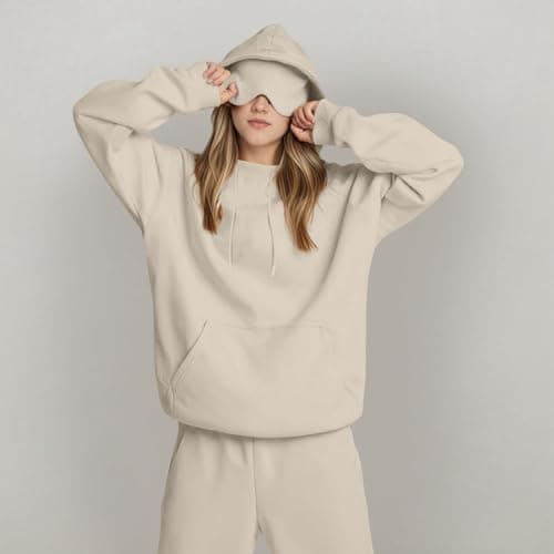 Ewleguzka Travel Hoodie with Eye Mask Built In,Comfrt Airplane Wearable Blanket Hoodie for Adults Men Women 4 Pockets Beige — view 4