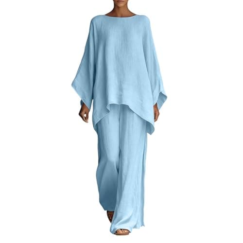 Lounge Wear Set Women Casual Linen Tracksuits 2 Piece Outfits Loose Summer Co Ord Set Ladies Long Sleeve Tunic Tops Pullover Elastic Waist Wide Leg Trousers Holiday Beach Travel Wedding Party Uk S-2XL
