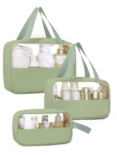 Laxee Clear Toiletry Bag 3 Pcs for Women Men, Large PVC Waterproof Wash Bag with Zip and Handle, TSA Approved Travel Toiletry Bags, Portable Cosmetic Bags Makeup Bag for Travel Business Holiday(Green)