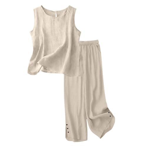 Beige 2 Piece Outfits Women Cotton Linen Loungewear Sets Sleeveless Top and Wide Leg Elastic Waist Pants with Buttons Solid Colour Ladies Versatile Co Ord Sets Vacation Airport Travel Wear Size 12 — view 3