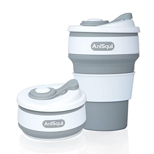 AniSqui Collapsible Coffee Cup Silicone with Lids, 12oz 350ml (Gray)