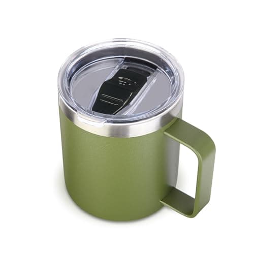Volhoply 14oz Insulated Stainless Steel Coffee Mug with Leakproof Lid,Double Wall Vacuum Travel Coffee Cup with Handle,Reusable Metal Tumbler,Camping Mugs Keep Hot,Christmas Gifts(Army Green,1)