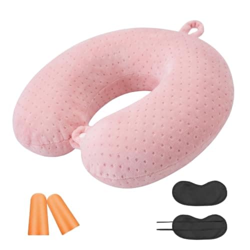 flintronic Travel Pillow, Memory Foam Neck Pillow, Comfortable and Lightweight, U Shape Neck Pillow for Head Support, Ideal for Airplane Car Home Office Sleeping, Pink
