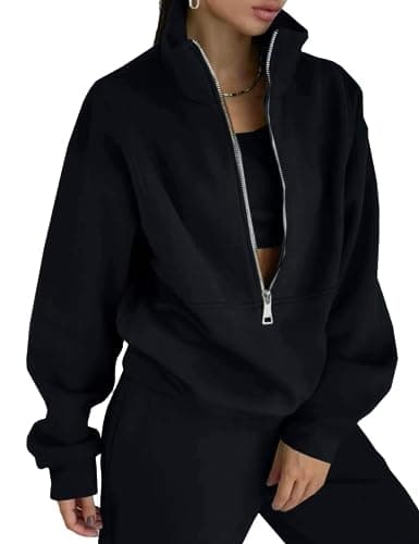 Eisctnd Womens Fashion Womens Joggers Sweat Sets Women Half Zipper 2 Piece Outfits Joggers Pants Sweatshirt Set Travel, Black, Large