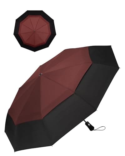 Chakipee Compact Travel Umbrella Windproof Strong- Automatic Folding Umbrellas for Wind and Rain, Double Vented Canopy 210T Fabric 102cm Span - 9 Ribs Portable Umbrella for Men and Women Red